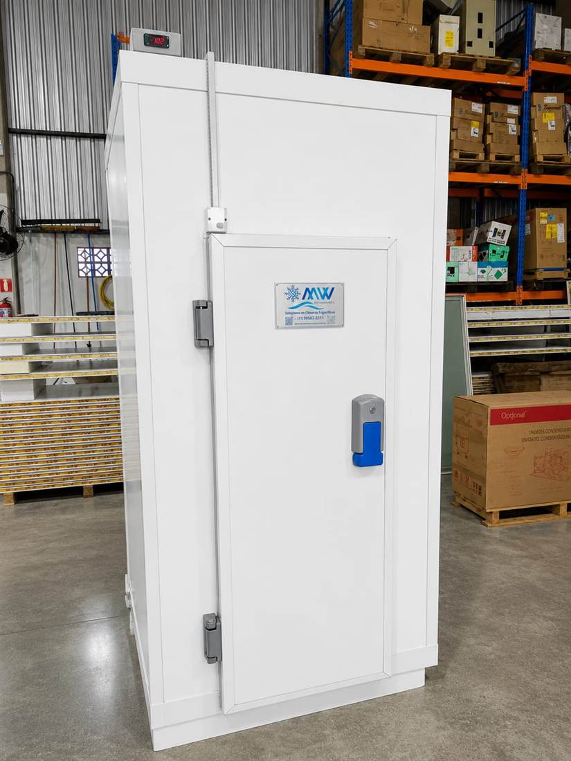 Cámara frigorífica móvil compacta, con puerta pivotante y controlador digital de temperatura montado en la parte superior.
